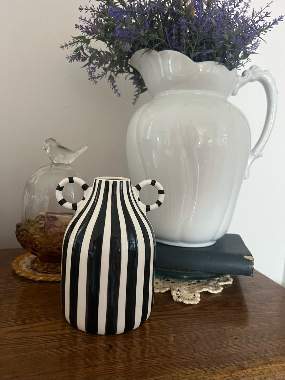 Black and White Ceramic Vase with Handle, Nordic Boho Small Vase